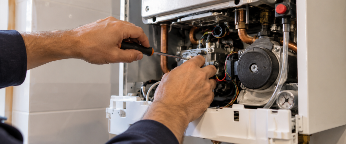 Técnico reparando una caldera a domicilio en Getafe